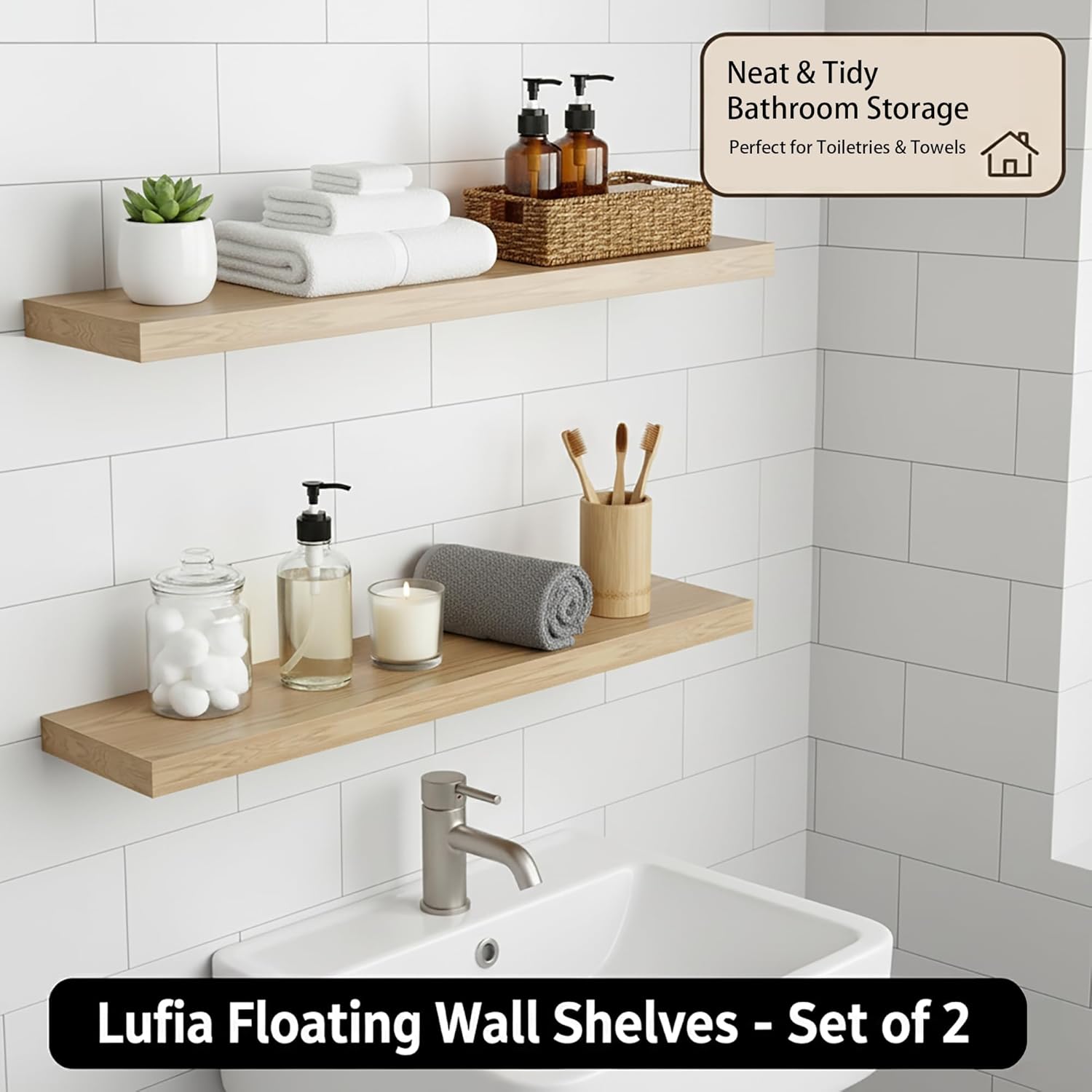 Lufia Floating Wall Shelves, Set of 2, MDF with Invisible Brackets, Modern Storage for Bedroom, Bathroom, Living Room, Kitchen (Oak, 28" W X 7" D X 1.5" H)