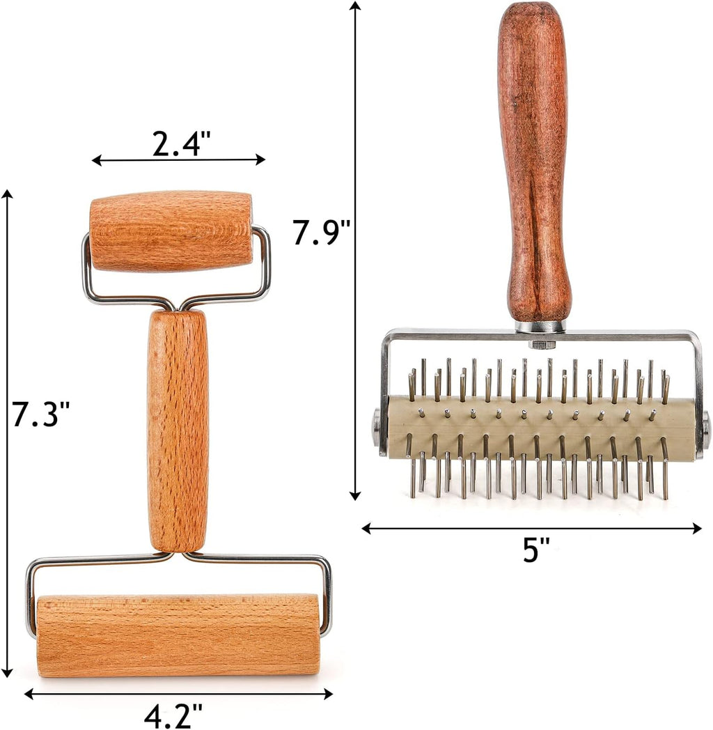 Hiceeden Set of 2 Pizza Dough Roller & Dough Docker, Stainless Steel Dough Hole Maker Puncher Wooden Rolling Pin for Pizza, Cookie, Pie, Pastry, Bread, Crust