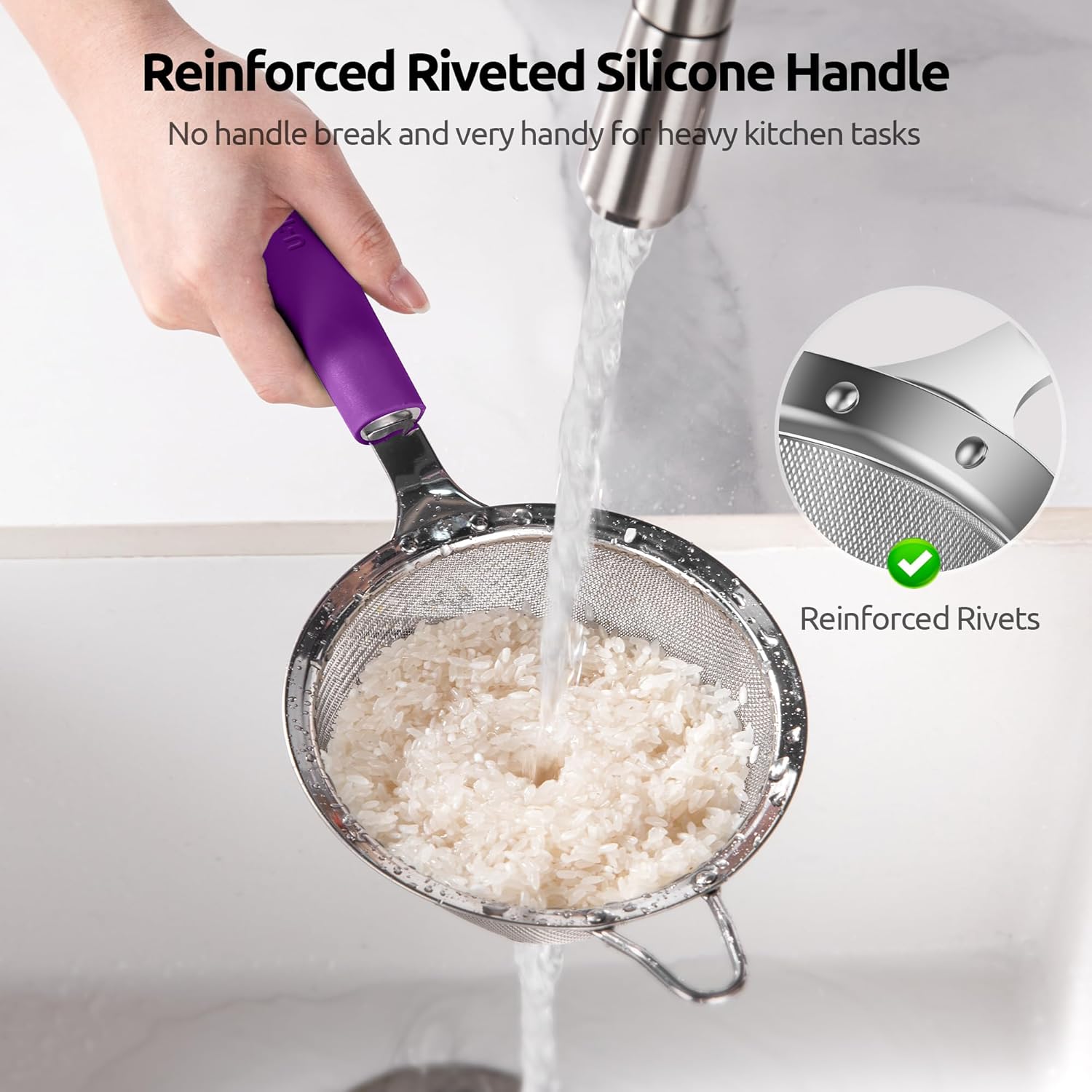 U-Taste Medium Fine Mesh Strainer: 18/8 Stainless Steel 4.73in 30 Mesh Kitchen Food Sieve with Sturdy Riveted Silicone Handle, Heavy Duty Deep Handheld Metal Colander for Rice, Quinoa, Flour (Purple)