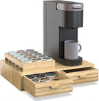 Bamboo K-Cup Pods Holder Organizer - 60 Pod Capacity with 2 Sliding Drawers & 2 Coffee Pod Holder Inserts, Elegant Tea Bag Storage Box for Home, Office & Kitchen Countertop (39.4"x8.2"x8.2")