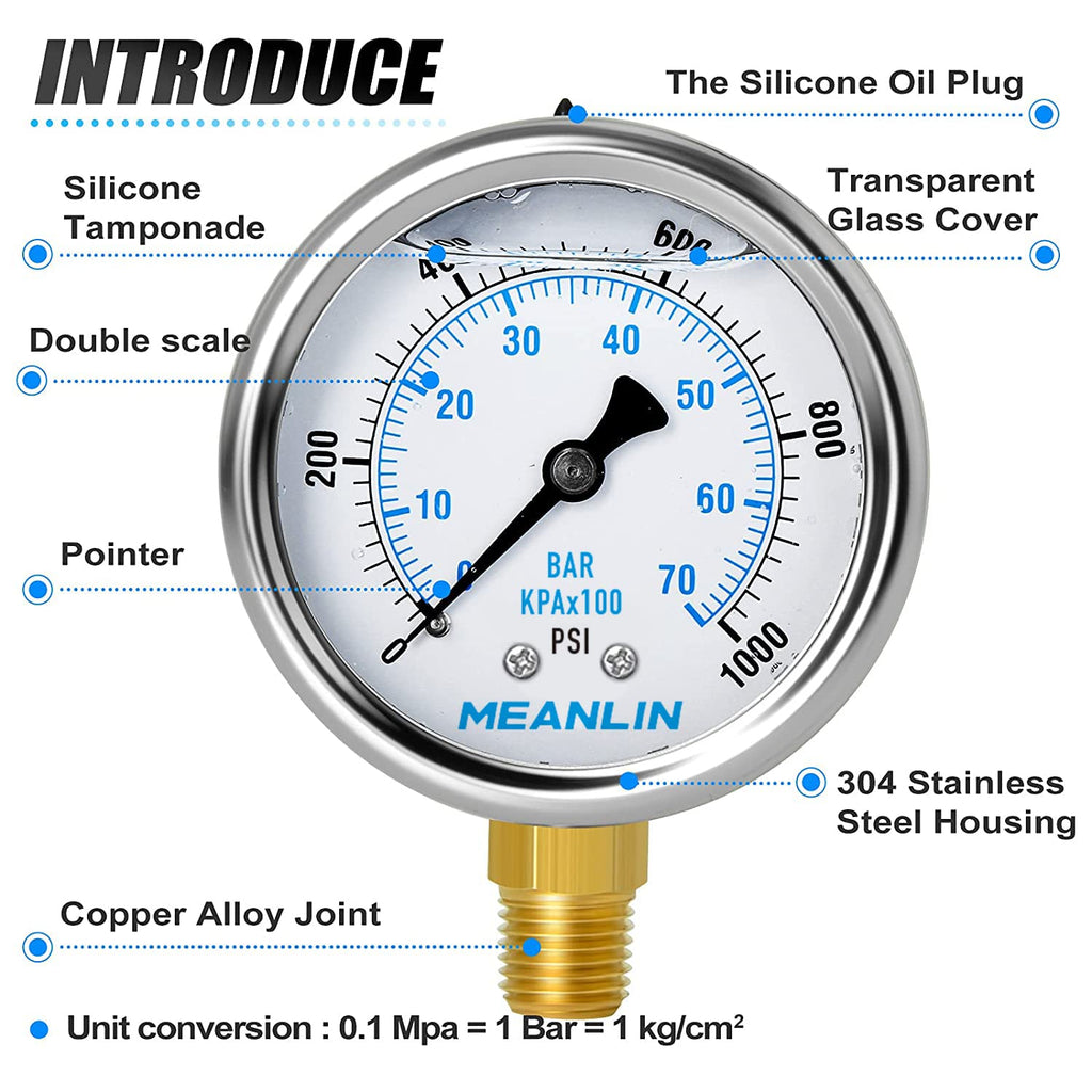 MEANLIN MEASURE 0~1000Psi Stainless Steel 1/4" NPT 2.5" FACE DIAL Liquid Filled Pressure Gauge WOG Water Oil Air Lower Mount, with 1/4" x 1/2" NPT and 1/4" x 3/8" NPT Hex Bushing