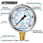MEANLIN MEASURE 0~1000Psi Stainless Steel 1/4" NPT 2.5" FACE DIAL Liquid Filled Pressure Gauge WOG Water Oil Air Lower Mount, with 1/4" x 1/2" NPT and 1/4" x 3/8" NPT Hex Bushing