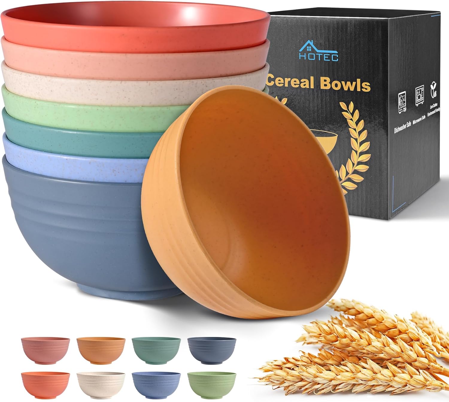 HOTEC BPA Free Unbreakable Wheat Straw Cereal Bowls - Microwave & Dishwasher Safe Soup and Salad Bowls, Set of 8, 26oz, Multicolor