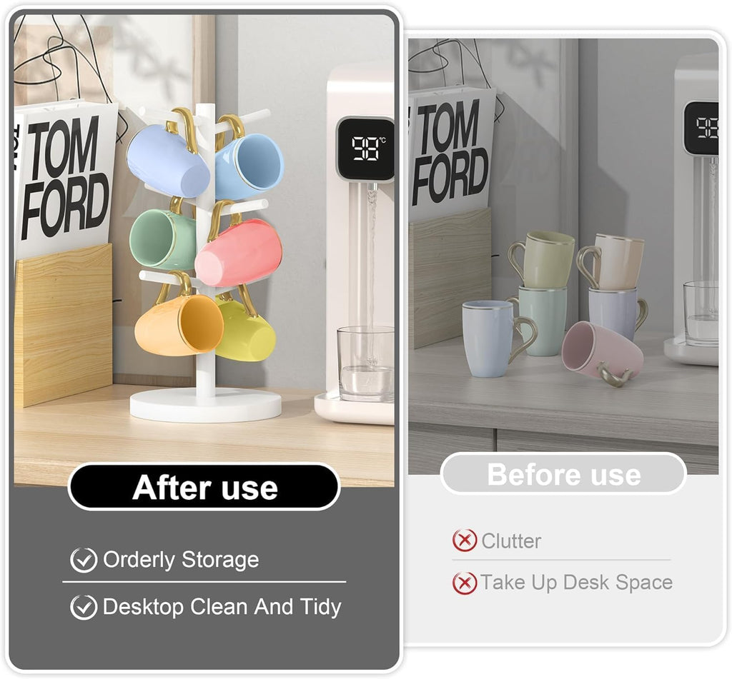 Wisuce Black Coffee Mug Tree Bamboo Mug Holder Coffee Cup Stand Mug Holders for Countertop Coffee Mug Rack Organizer Stand (White)