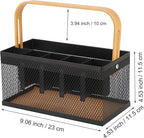 Utensil Caddy Metal Mesh Silverware Cutlery Organizer Basket with Bamboo Handle, Multi-Purpose Steel Wire Caddy 6 Compartment Flatware Basket for Kitchen, Countertop, Picnic, Restaurant, Black