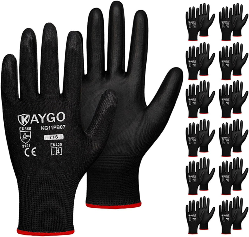 KAYGO Safety Work Gloves PU Coated,12 Pairs KG11PB Seamless Knit Glove for Men and Women, with Smooth Grip on Palm and Fingers, Ideal for General Duty Work (Small, Black)
