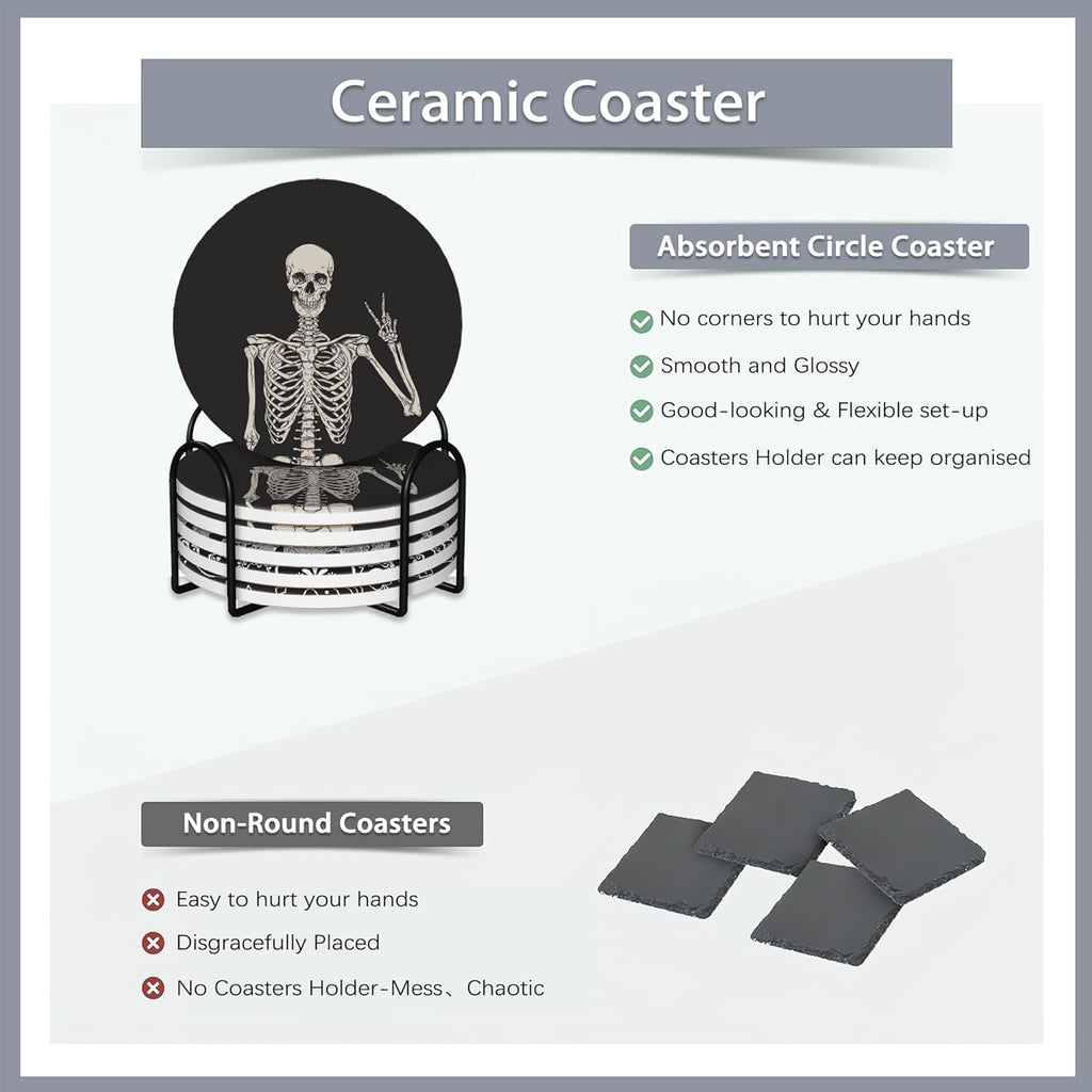 Drink Coasters Set of 6 with Holder,Human Skeleton Posing Skull Head Absorbent Ceramic Coasters with Cork Base,Fit All Cups,Tabletop Protection Mat for Mugs and Cups,Office,Kitchen