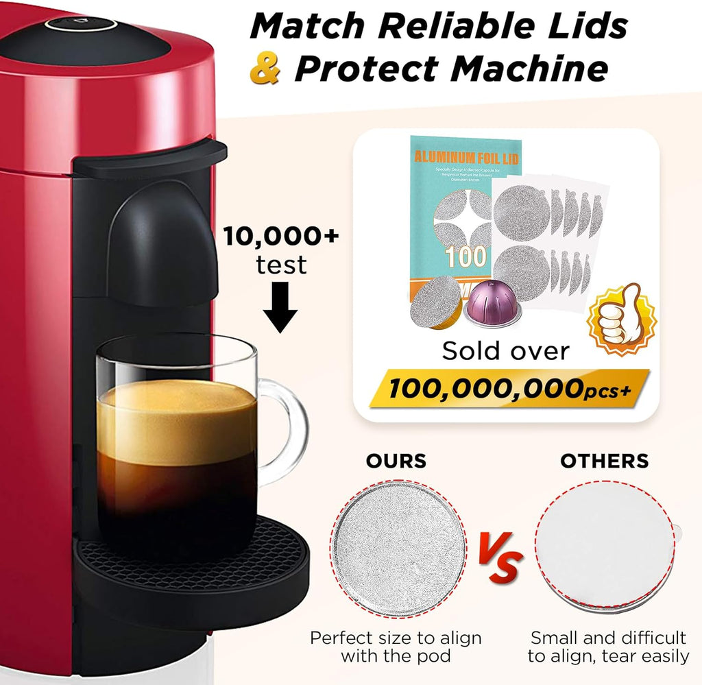 CAPMESSO Reusable Vertuo Pod Refill Kit, Faster Seal Reusable Nespresso Vertuo Pods with Fill & Press Brush,100pcs Aluminum Foil Lids for Refillable Nespresso Pods Vertuo