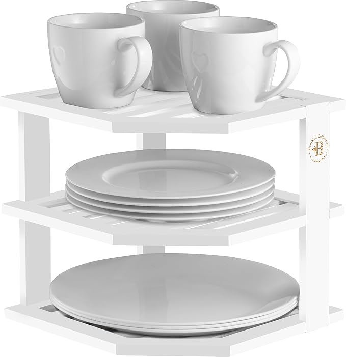 Cabinet Organizer Shelf - Bamboo Corner Rack for Kitchen Counter, Cabinet Space Saver for Plates, Dishes, Bowls, Bread Pantry, Bathroom Storage or Countertop Stand, White
