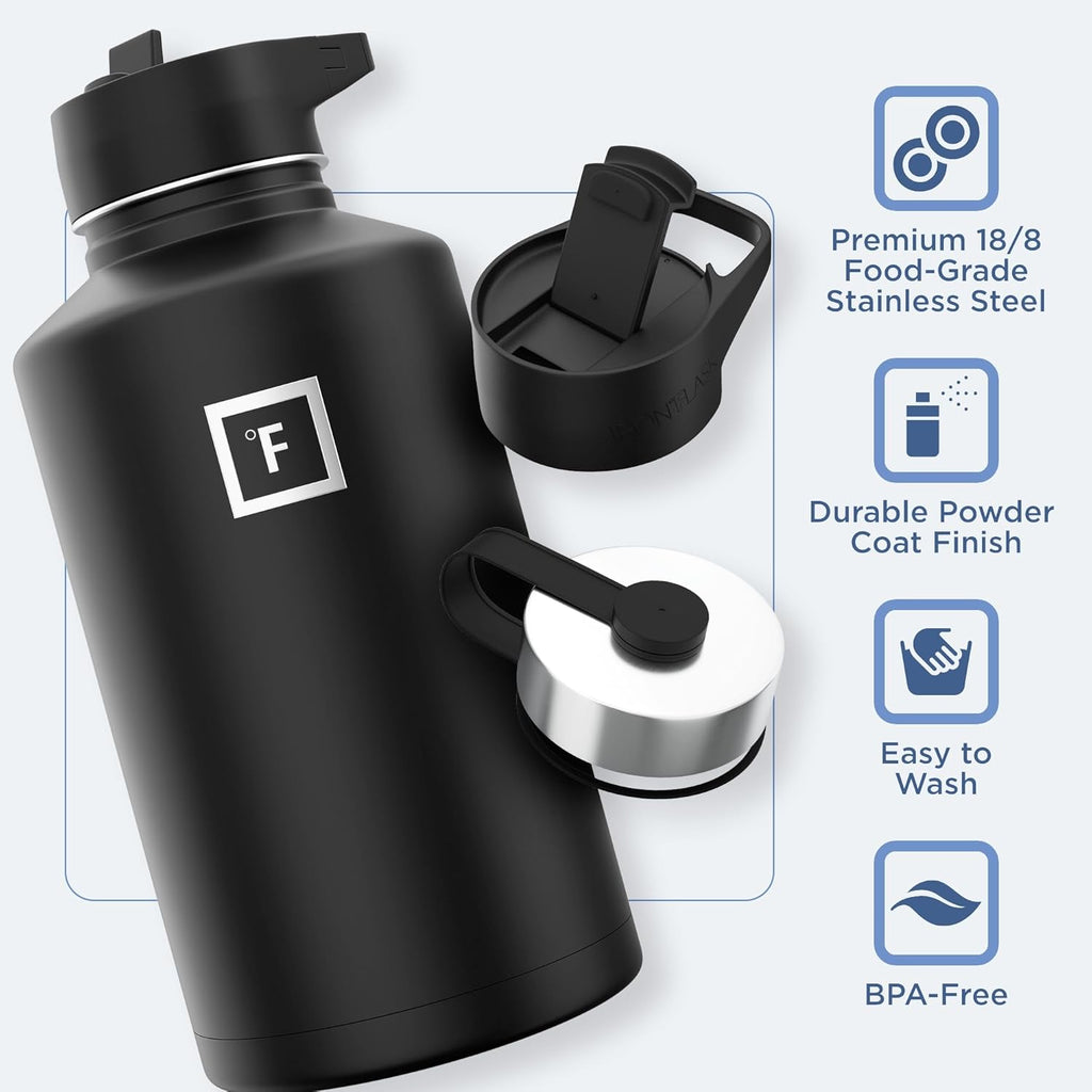 IRON °FLASK Camping & Hiking Hydration Flask with 3 Lids - Stainless Steel, Double Walled & Vacuum Insulated Water Bottle - Leak Proof & BPA Free (Cobalt, Straw - 64 oz)