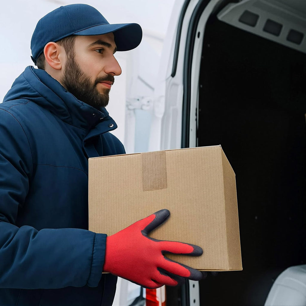 KAYGO Winter Work Gloves for Men and Women, 12 Pairs Thermal Insulated Safety Work Gloves PU Coated, Smooth Grip on Palm & Fingers,Ideal for Freezer Work,Red,XL