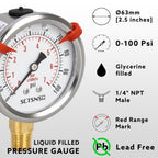 0 to 100 Psi Lead-Free Pressure Gauge, Glycerin Liquid Filled, 2.5 inch Dial, 1/4" NPT Lower Mount, Stainless Steel Case, for Water Pump, Pneumatic Air, Well Tank, RV Hose, Gas, Pressure Test