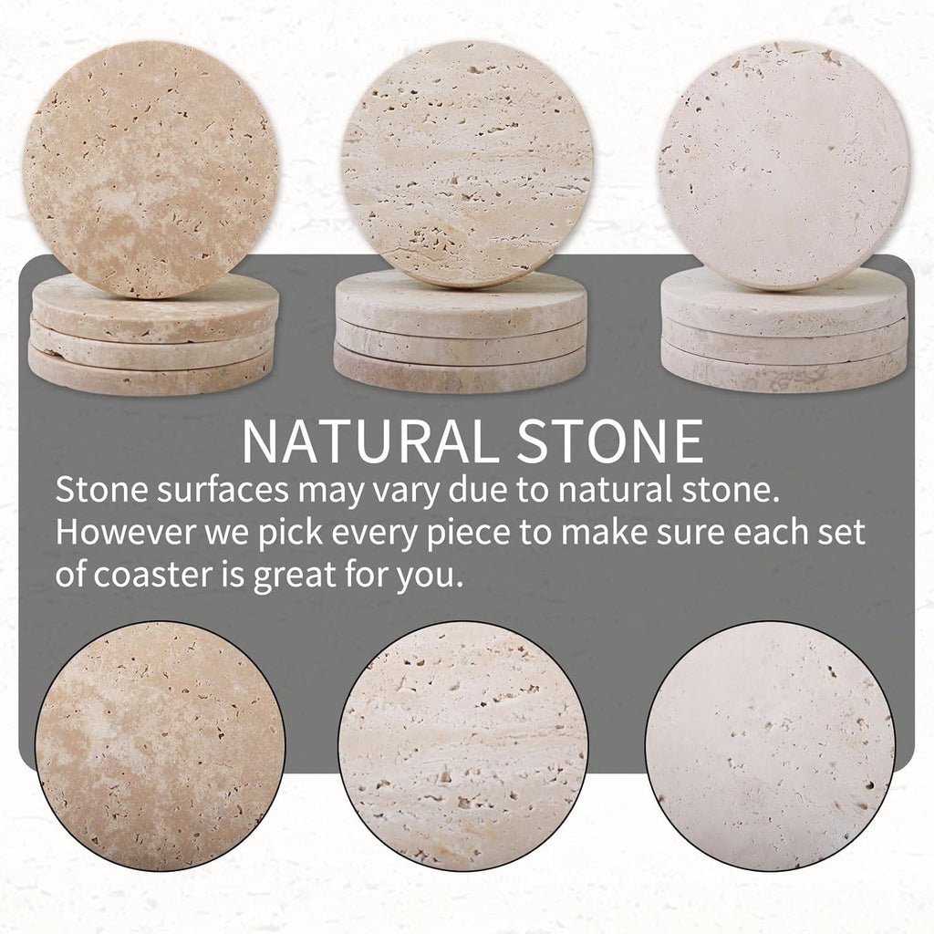 CASACOUTURE-Travertine-Stone-Coasters Set of 4-Round -4" Diameter Drink Coasters for Housewarming Gift, Desktop Protection Suitable for Various Cups - Sturdy and Durable Aesthetics