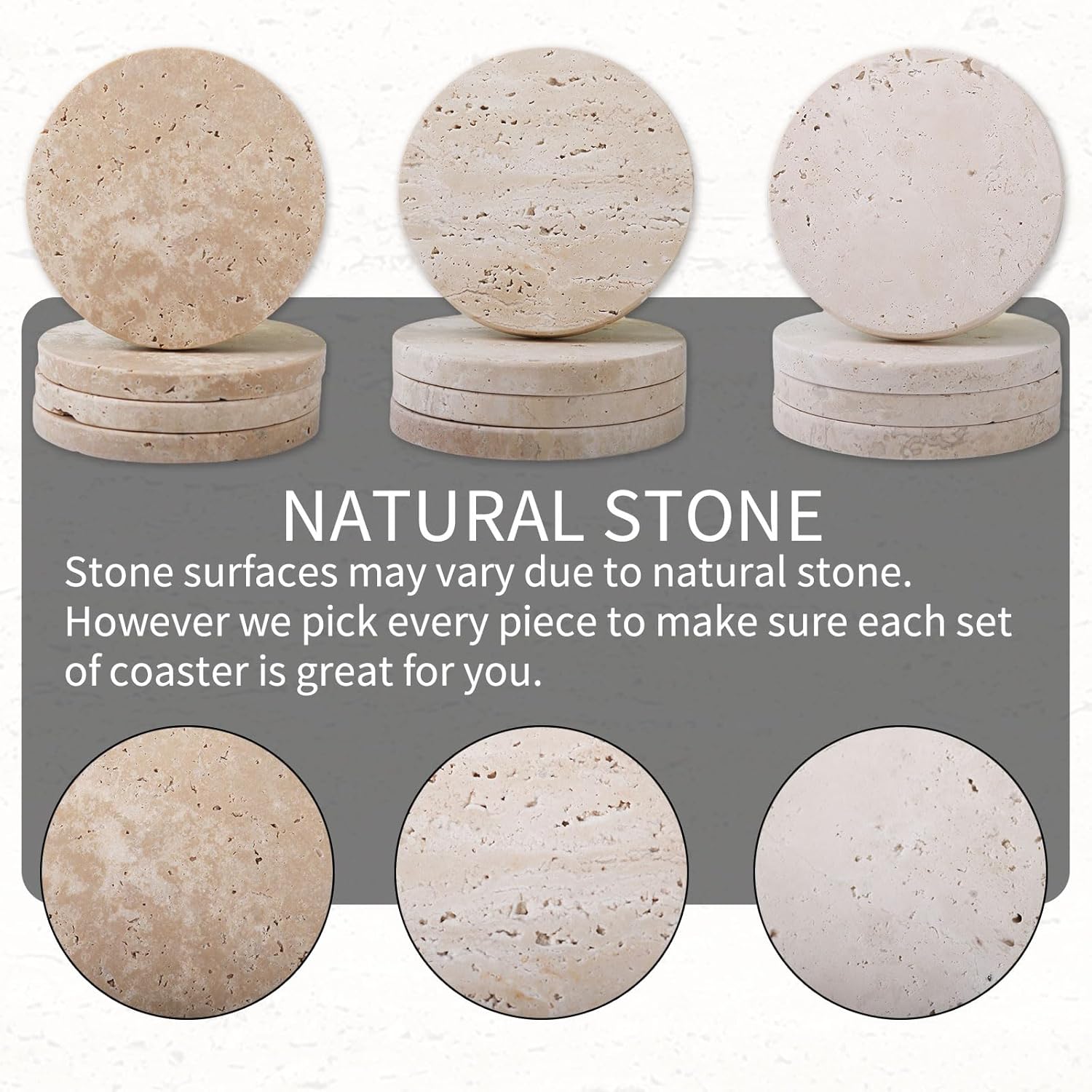CASACOUTURE-Travertine-Stone-Coasters Set of 4-Round -4" Diameter Drink Coasters for Housewarming Gift, Desktop Protection Suitable for Various Cups - Sturdy and Durable Aesthetics