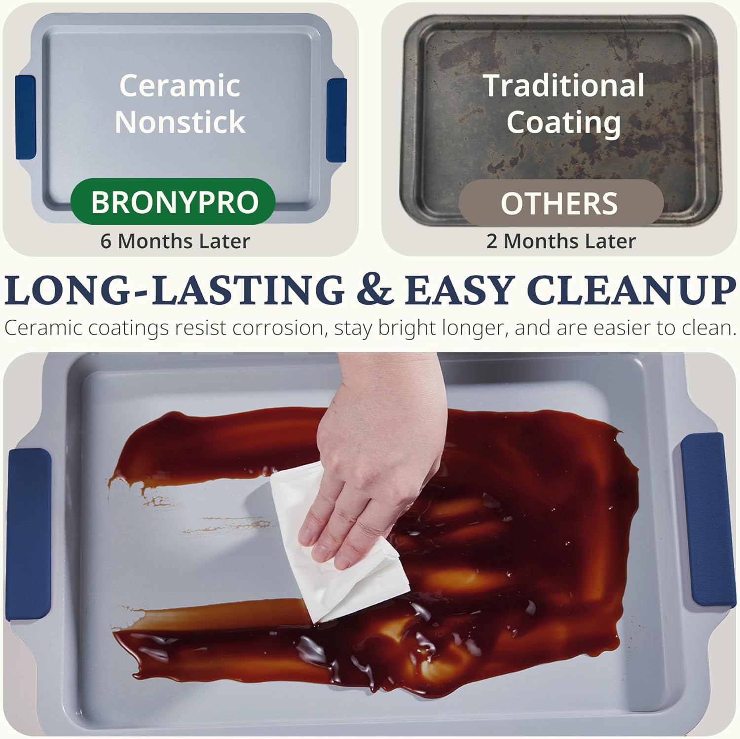 BRONYPRO Non Stick Ceramic Baking Sheet Pan Set of 3, Natural Non Toxic Cookie Sheets for Baking - PFOA, PTFE Free, Heavy Duty Aluminized Steel Oven Trays for Cooking with Silicone Handles, Navy