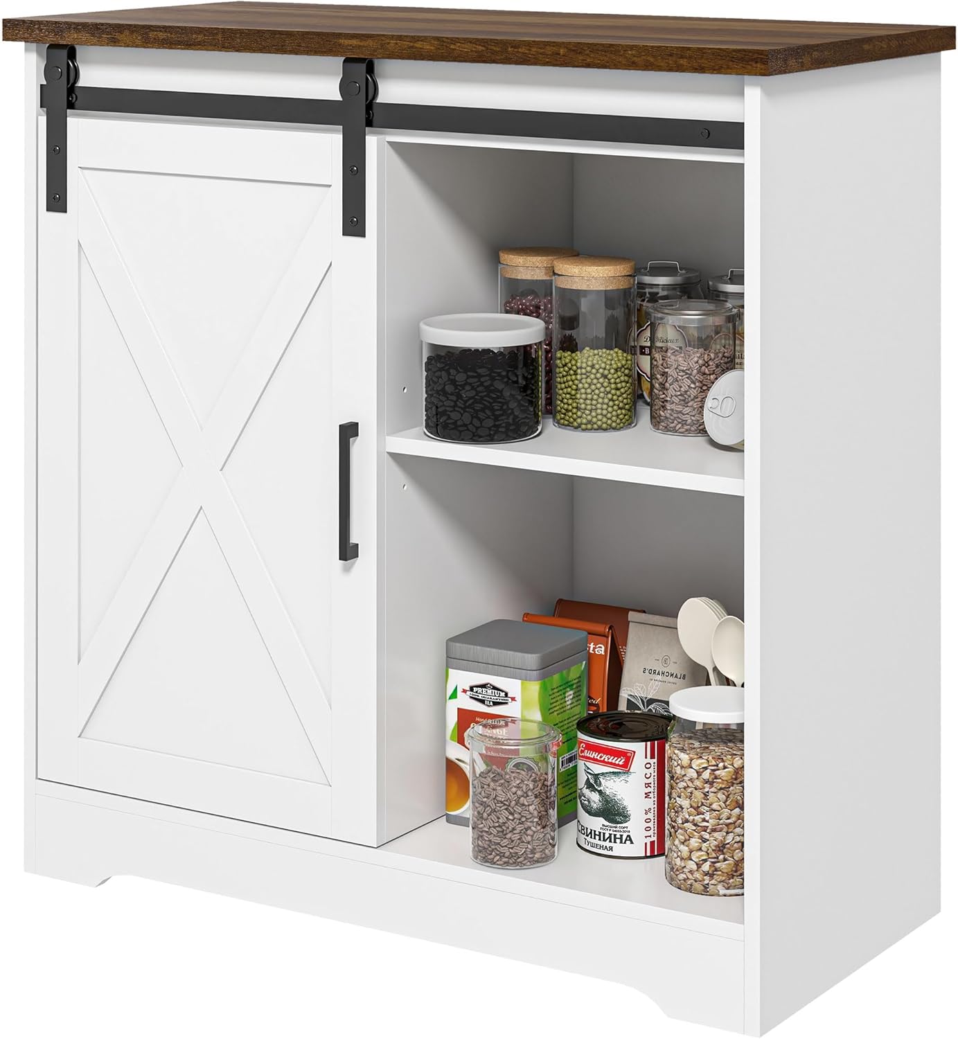HOMCOM Farmhouse Coffee Bar Cabinet, 33" Buffet Sideboard with Sliding Barn Door and Adjustable Shelf, Kitchen Buffet Cabinet, White