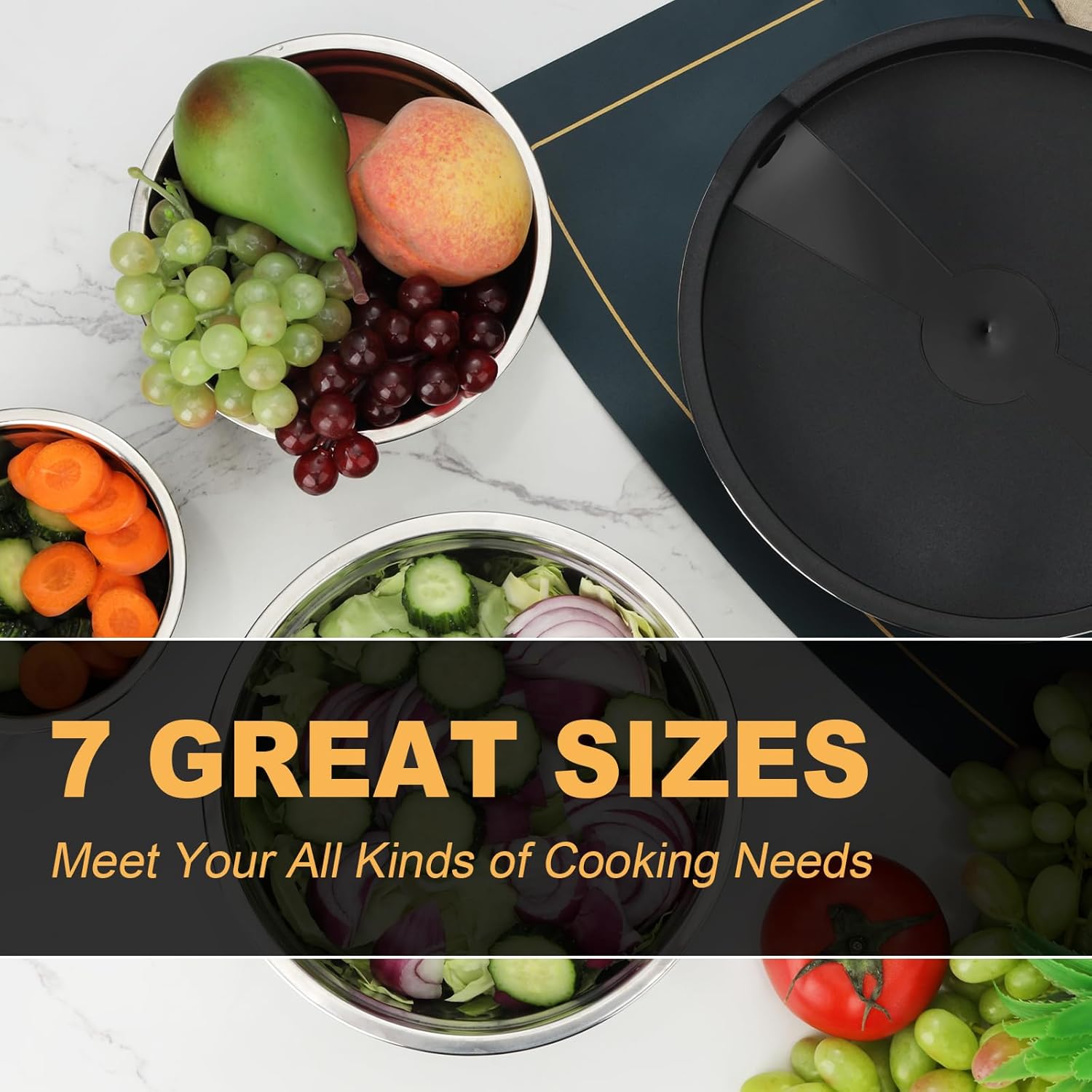 7 Piece Mixing Bowl Set, Mixing Bowls with Lid, Stainless Steel Mixing Bowls for Baking, Size 0.7, 1.1, 1.5, 2.1, 3.5, 4, 4.5QT, Baking Bowl for Food Preparation, Mixing and Serving Foods