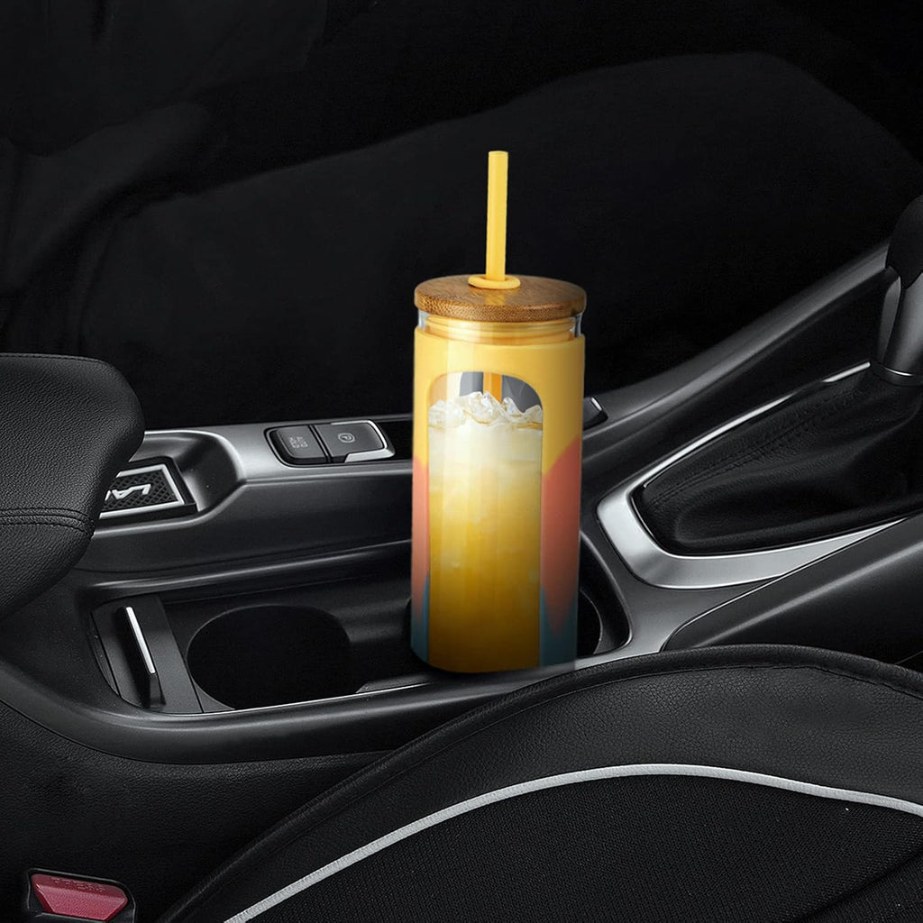 Kodrine 20oz Glass Tumbler with Straw and Lid, Iced Coffee Cups with Bamboo Lids, Glass Cups for Cold Drinks, Smoothie Cup with Silicone Sleeve for Travel, Work, BPA FREE-Blue