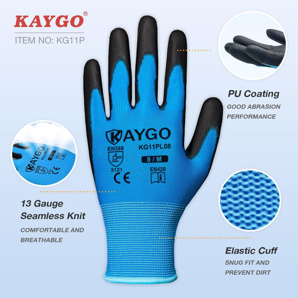 KAYGO Safety Work Gloves PU Coated, 12 Pairs KG11PB, Seamless Knit Glove with Polyurethane Coated Smooth Grip on Palm & Fingers, for Men and Women, Ideal for General Duty Work (Large,Blue)
