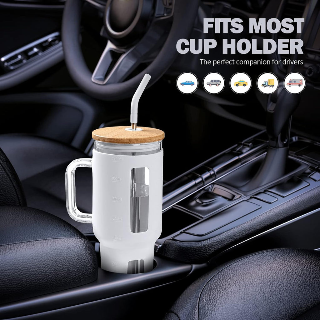 Kodrine 40 oz Glass Tumbler with Handle, Iced Coffee Tumbler with Straw and Bamboo Lid, Glass Drinking Cup with Silicone Sleeve Time Marker, Water Bottle Dishwasher Safe, Cup Holder Friendly, White