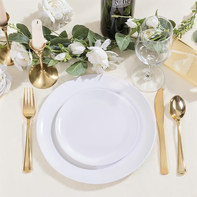 PULOTE 200 Pieces White Plastic Plates Disposable - Include 100PCS 10 inch Dinner & 100PCS 7 inch Dessert Plates, Ideal for Party & Wedding