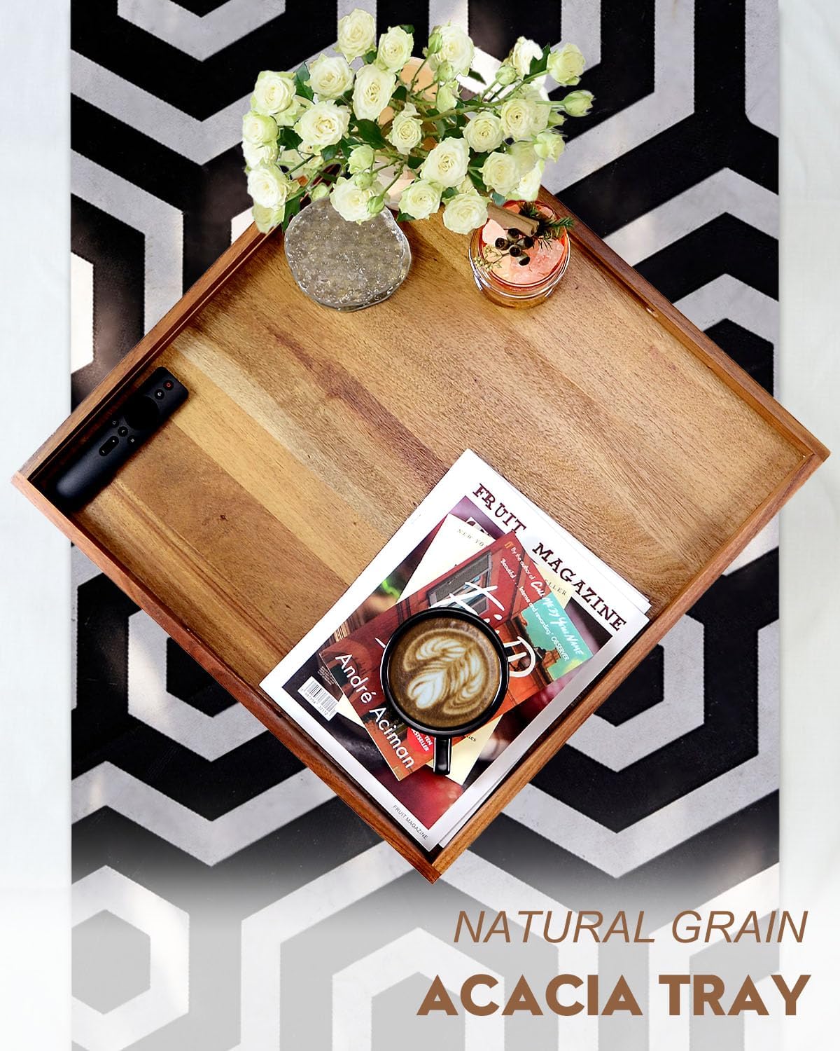 20 Inches Square Acacia Wood Ottoman Tray, Extra Large Wooden Serving Tray with Handles for Living Room, Serving Food Breakfast, Ottoman Coffee Table Couch Sofa Kitchen