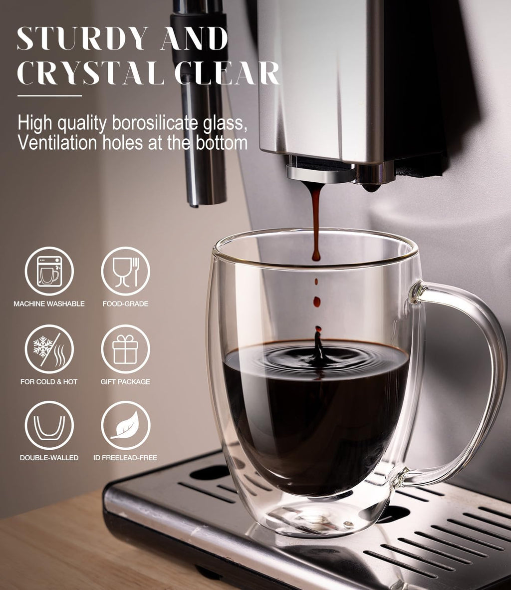 OJA Double Wall Glass Coffee Mugs Set of 4, Hand Blown 12.5OZ Clear Glass Coffee Cups, Insulated Tea Mug, Perfect for Espresso, Cappuccino, Latte, American,Tea Bag, Beverage