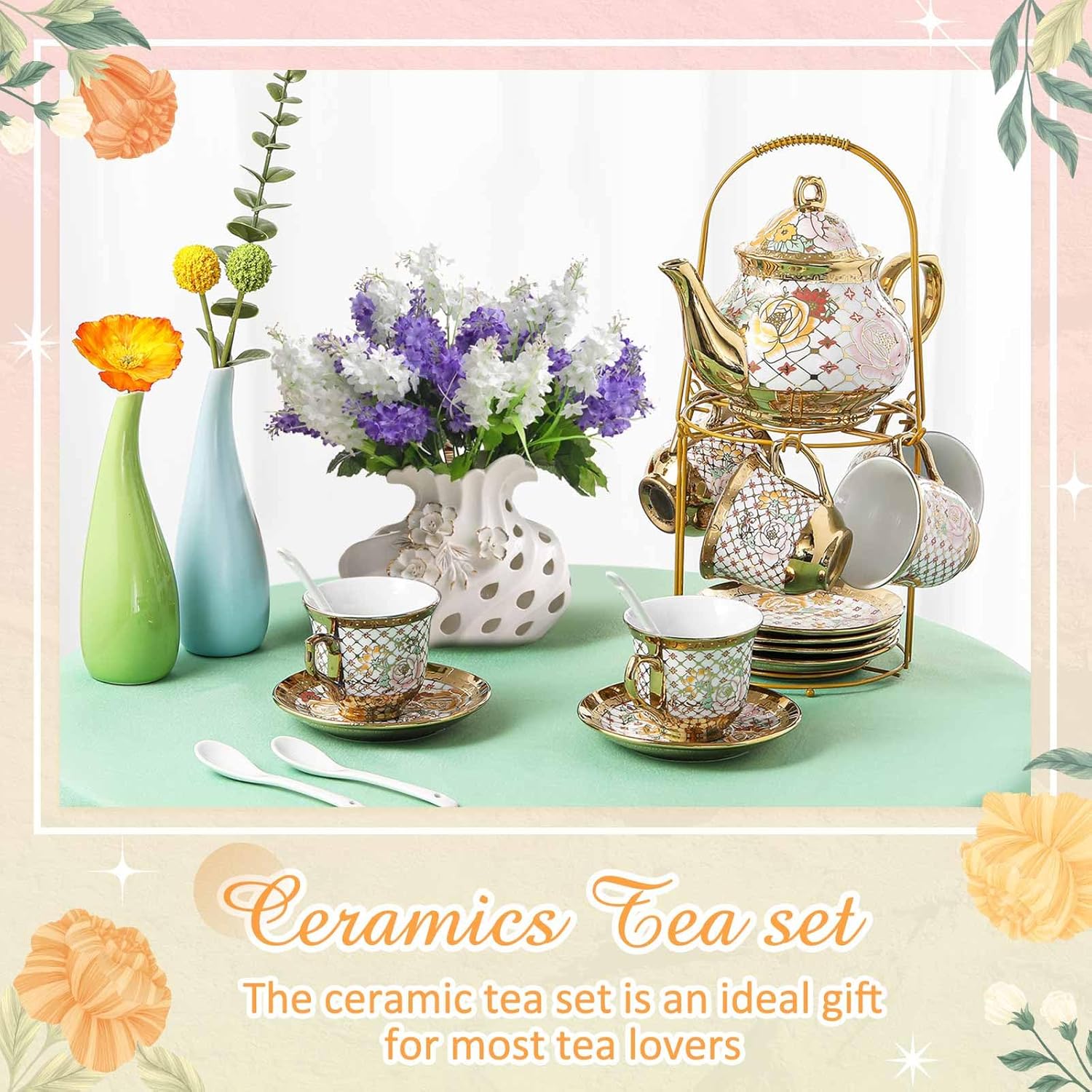 Zhehao 20 Pcs Porcelain Tea Set with Metal Holder and Spoon Adult Ceramic Tea Party Set European Flower Painting Teapot Cup Saucer Spoon Set for Women, Large Version(Delicate Style)