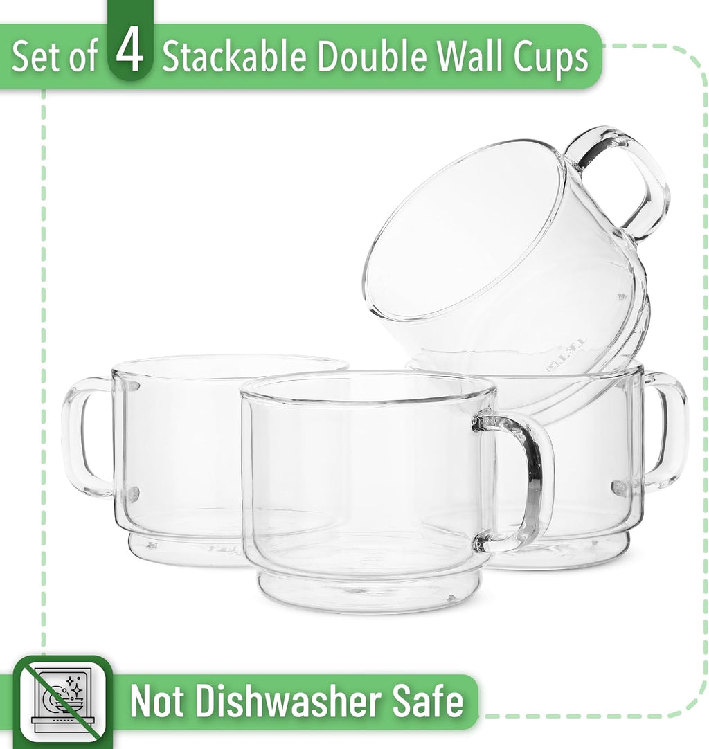 BTaT- Stackable Insulated Coffee Mug, Coffee Glass, Large, Set of 4 (16oz, 500ml), Double Wall Glass Coffee Cups, Tea Cups, Latte Cups, Glass Coffee Mug, Latte Mug, Clear Mug