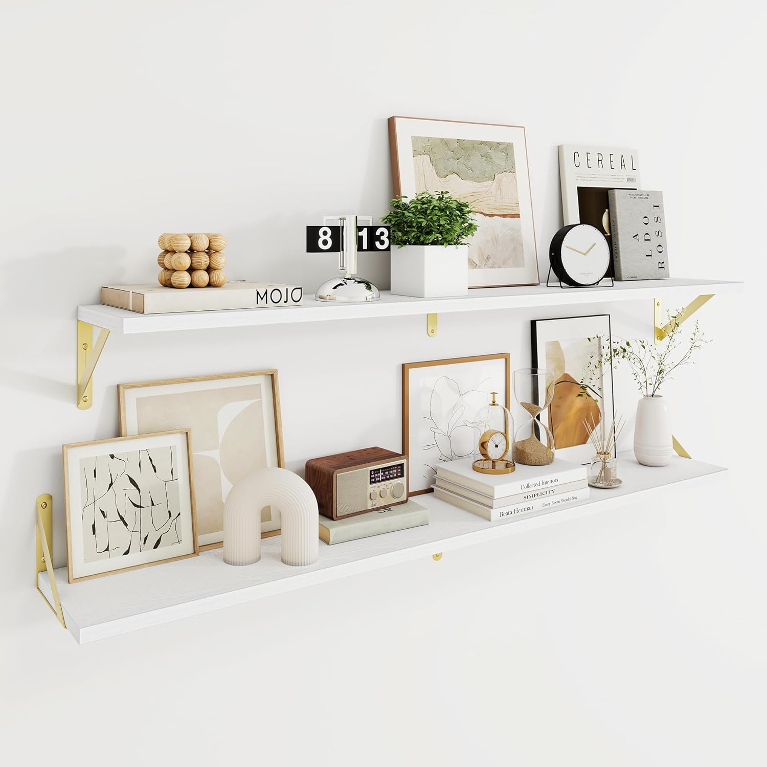 Dreamland White and Gold Shelf, 48W x 8D Wall Mounted Shelves Set of 2, Wide Display Ledge Shelf with Sturdy Metal Brackets for Living Room, Bathroom, Bedroom and Kitchen, White with Gold Brackets