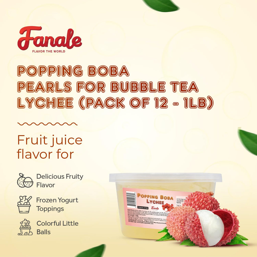 Fanale Lychee Popping Boba Pearls, Vegan, Non GMO, Gluten Free, Fat Free, Perfect for Bubble Tea, Smoothies, Ice Cream, Desserts, and Beverages 1lb x 12.