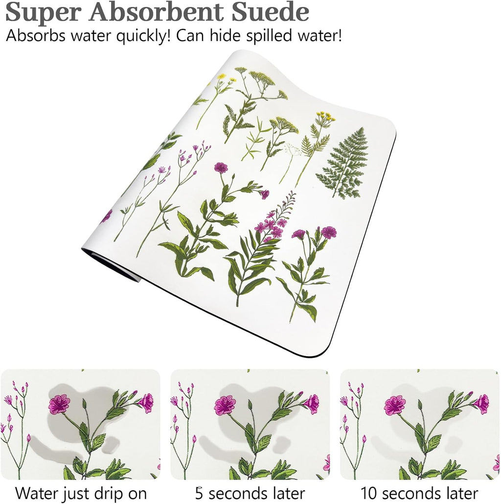 Bloss Dish Drying Mat, Multiple Usage Coffee Bar Mat, Kitchen Counter Mat, Absorbent Hide Stain Rubber Backed Dish Drying Pad(16.1"x24.1", 2-Row Flower)