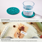 Set of 6 Teal Silicone Coasters with Holder, Drink Coasters with Tribal Pattern Shape- for Table Protection, Anti Slip, Nonstick, Heat Resistant, Deep Tray