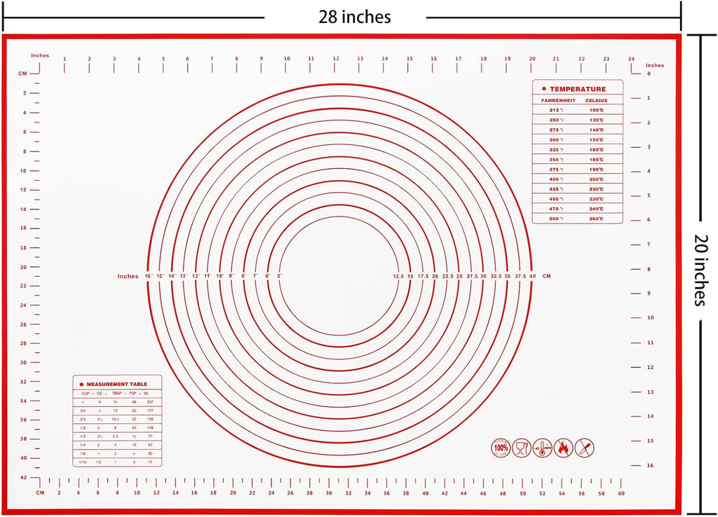 Yansumi Silicone Pastry Mat Extra Large Non-Slip Mat for Rolling Dough Pie Crust and Baking Non-Stick with Measurements(XL,28"L x 20"W, Red)