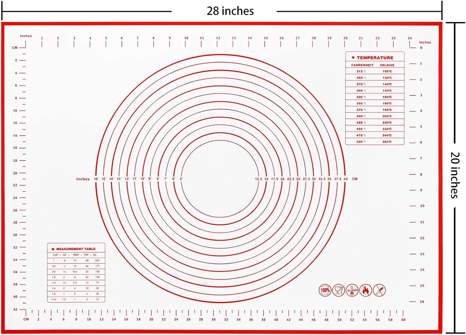 Yansumi Silicone Pastry Mat Extra Large Non-Slip Mat for Rolling Dough Pie Crust and Baking Non-Stick with Measurements(XL,28"L x 20"W, Red)