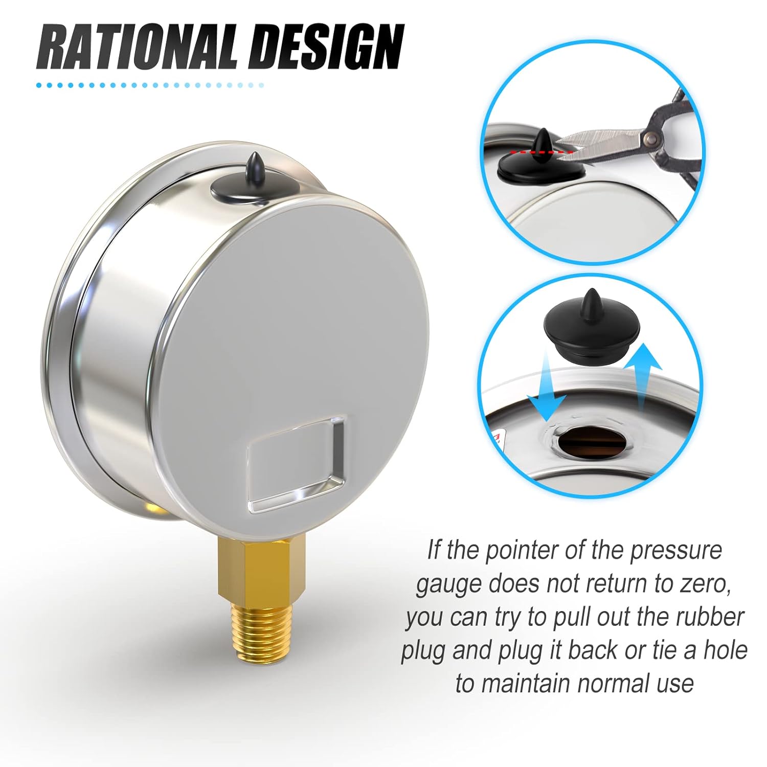 MEANLIN MEASURE -30inHG~60Psi Stainless Steel 1/8" NPT 2.5" FACE DIAL Vacuum Pressure Gauge, Lower Mount, with 1/4" NPT and 3/8" NPT Hex Bushing