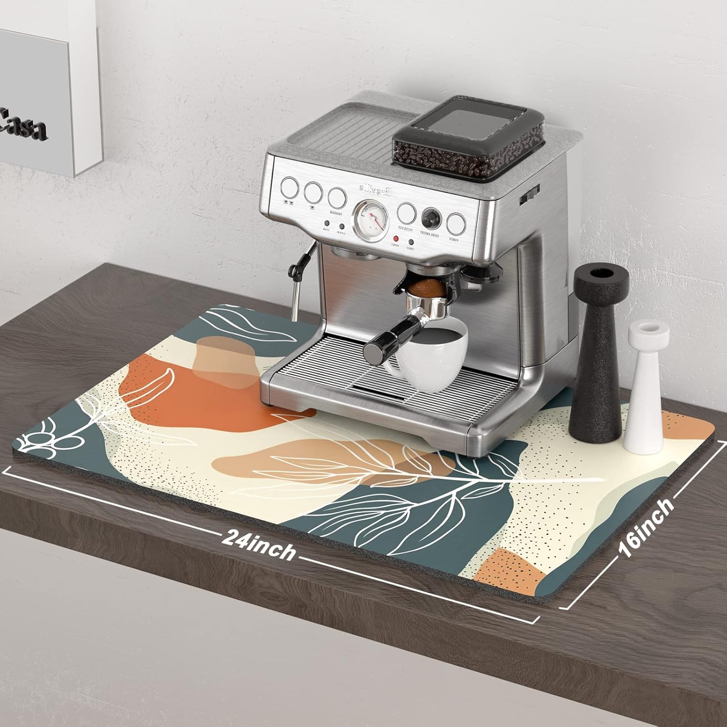 Rnivvi Coffee Mat, 16" x 24" Cute Boho Theme Coffee Bar Mats for Espresso Machine Station Accessories and Organizer, Hide Stain Rubber Backed Absorbent Dish Drying Pad for Kitchen Counter, Leaves