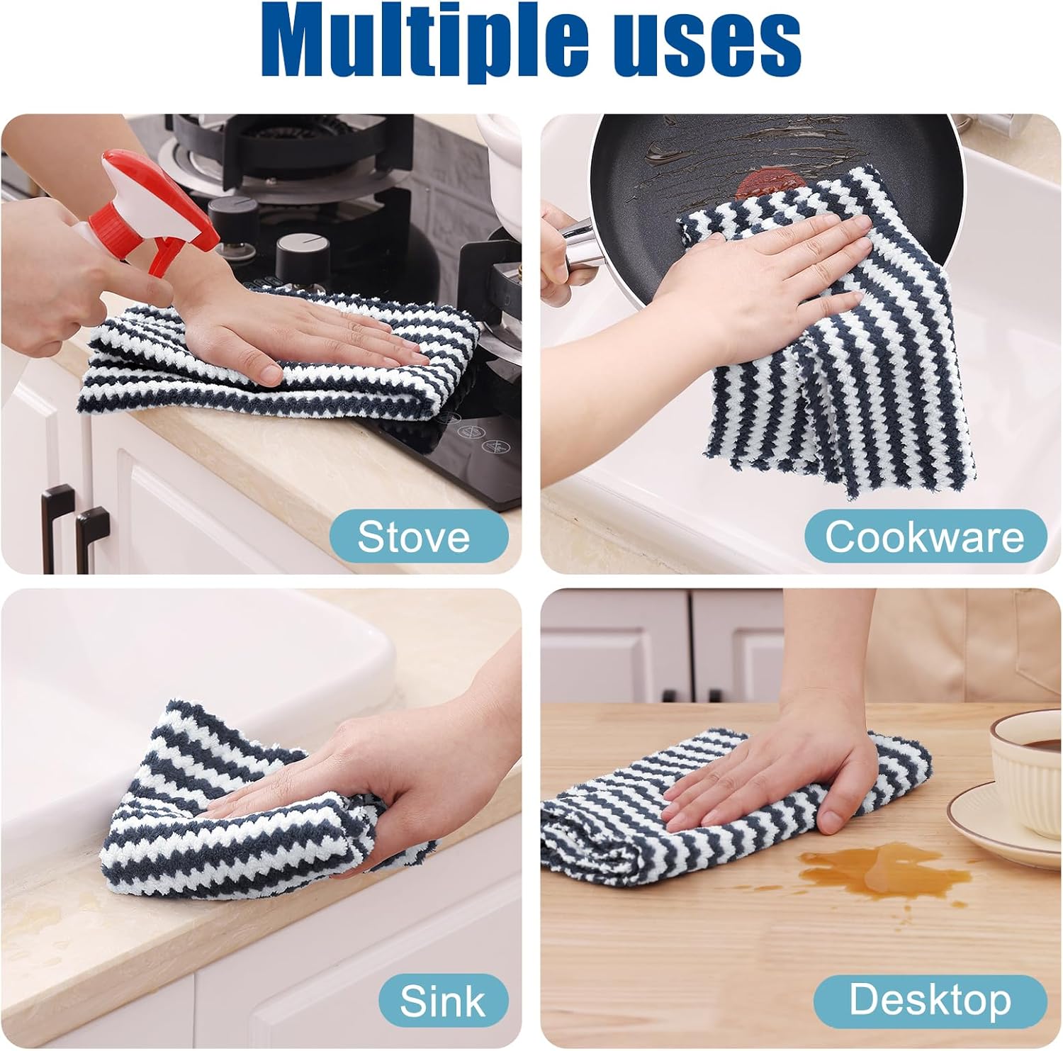 Homaxy Kitchen Towels(24 Pack, 10 x 20 inches), Ultra Soft and Absorbent Dish Towels, Reusable Fast Drying Microfiber Cleaning Cloth, Coral Velvet Wave Design No-lint, Dark Grey