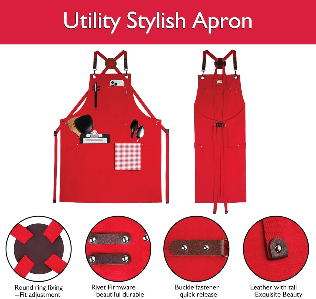 Kitchen Apron, Work Apron, Canvas, Multiple Pockets, Gardening, Painting, BBQ, Artist, Carpenter, Sizes M to XXL, Red