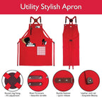 Kitchen Apron, Work Apron, Canvas, Multiple Pockets, Gardening, Painting, BBQ, Artist, Carpenter, Sizes M to XXL, Red