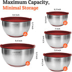Priority Chef Premium Mixing Bowls With Airtight Lids Set, Thicker Stainless Steel Mixing Bowl Set, Large Prep Metal Bowls with Lids, Nesting Bowls for Kitchen, 1.5/2/3/4/5 Qrt, Red