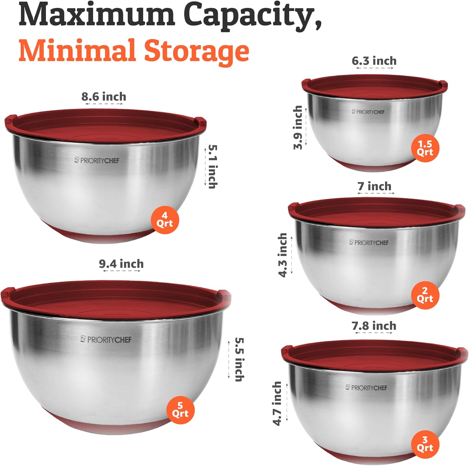 Priority Chef Premium Mixing Bowls With Airtight Lids Set, Thicker Stainless Steel Mixing Bowl Set, Large Prep Metal Bowls with Lids, Nesting Bowls for Kitchen, 1.5/2/3/4/5 Qrt, Red