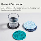 Set of 6 Teal Silicone Coasters with Holder, Drink Coasters with Tribal Pattern Shape- for Table Protection, Anti Slip, Nonstick, Heat Resistant, Deep Tray