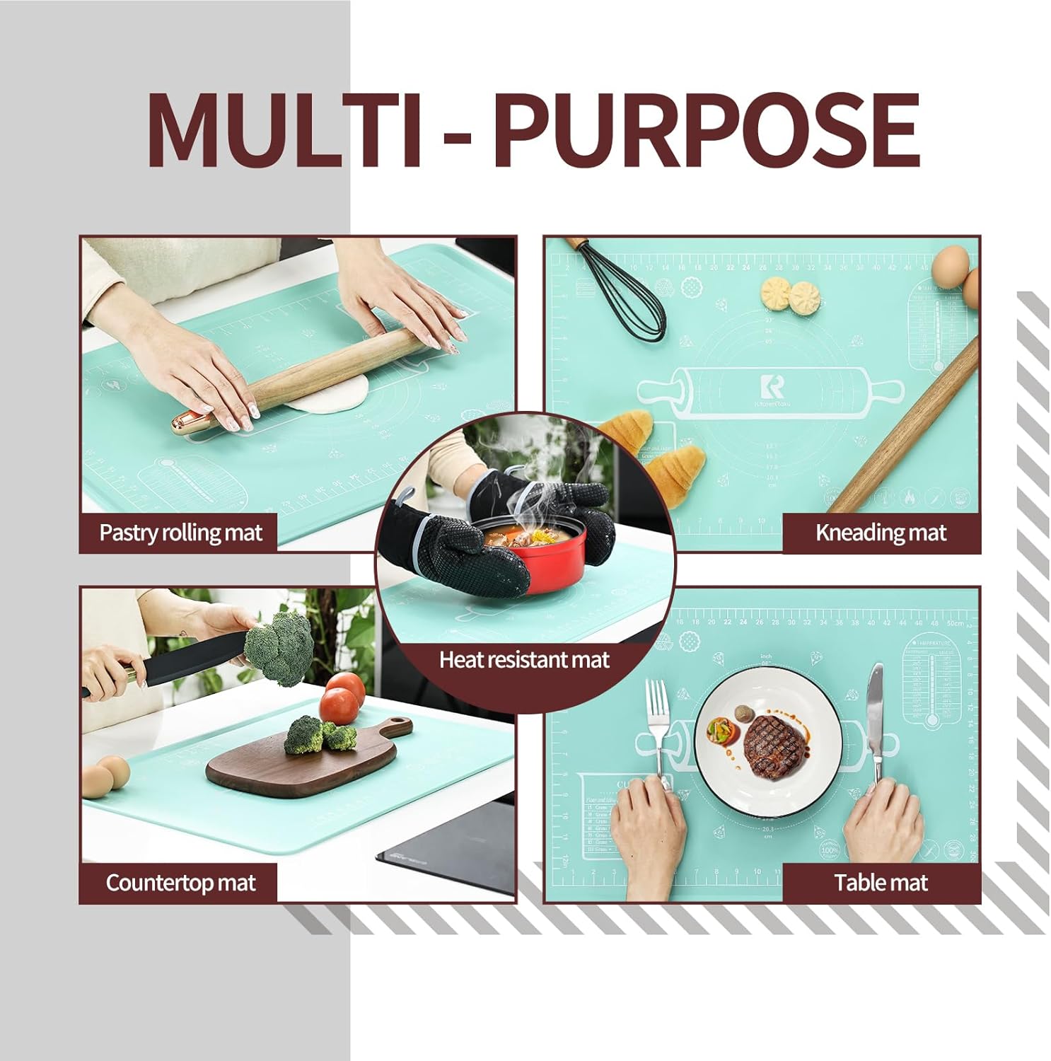 Silicone Baking Mat 20"L x 28"W, Extra Thick Dough Rolling Pad with Measurements and Edge Heightening, Non-stick Food Grade Silicone Pastry Mat for Pastry, Bread, Cookies