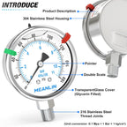 MEANLIN MEASURE 0~160Psi Stainless Steel Liquid Filled Pressure Gauge 2.5"FACE DIAL 1/4"NPT for Air Compressor RV Regulator Water Pressure Tester Lower Mount with Stainless Steel Hex Bushing and Snaps
