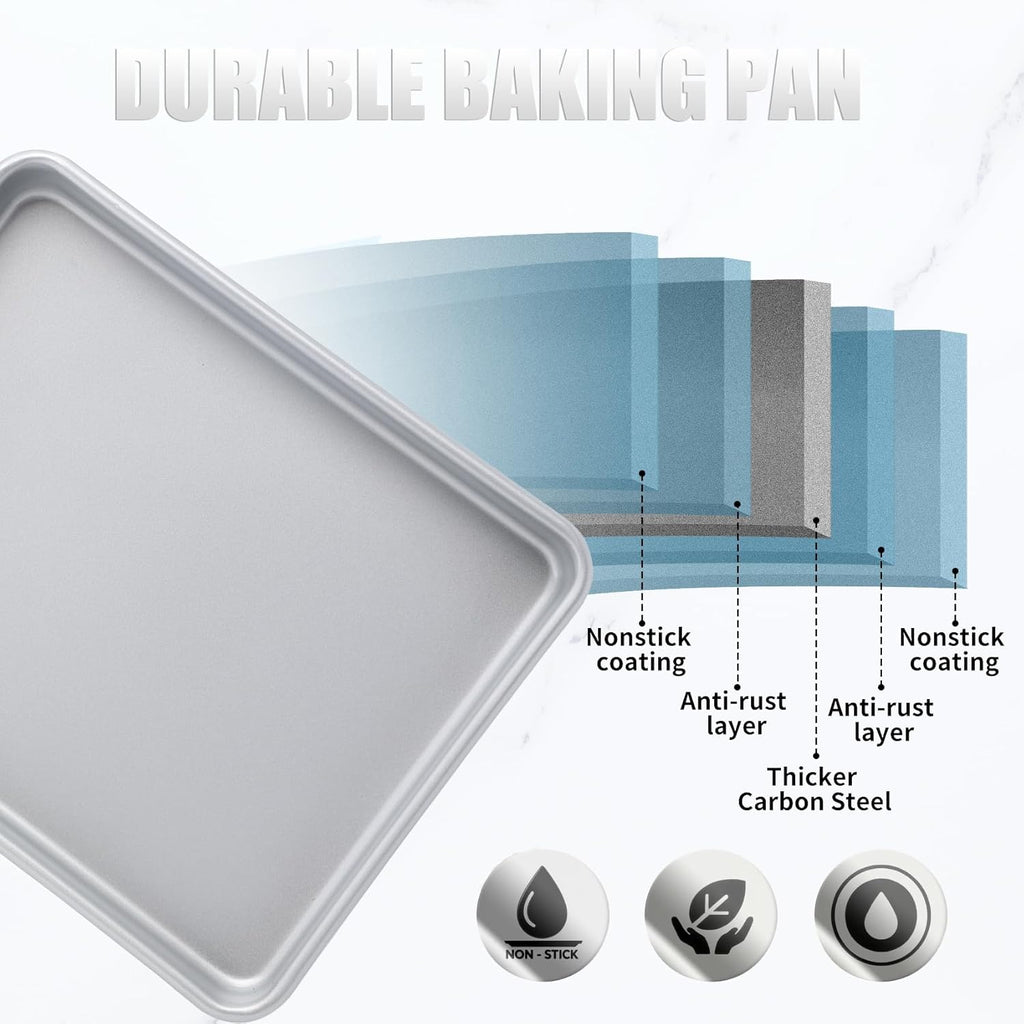 3-Piece Nonstick Baking Pans Set of 3 - Nonstick Rectangle Sheet Cake Pans, 13/11/9 Inch Metal Oven Tray for Cooking Jellyroll, Stackable Bakeware Set