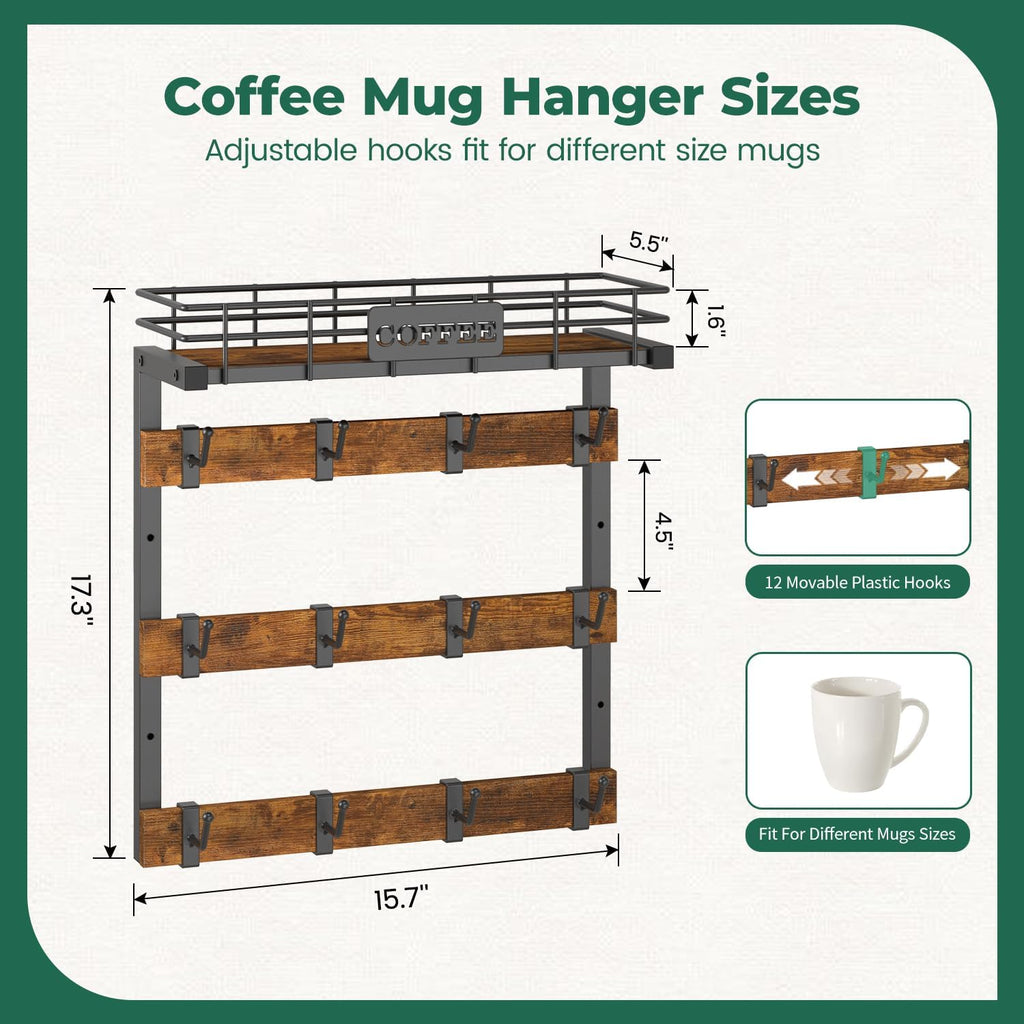 EsLuker.ly Coffee Mug Holder Wall Mounted Display Rack, Black Metal Cup Hanger Organizer with 12 Movable Plastic Hooks, Wood Rustic Shelf for Coffee Bar Home Kitchen, Thoughtful Wall Storage