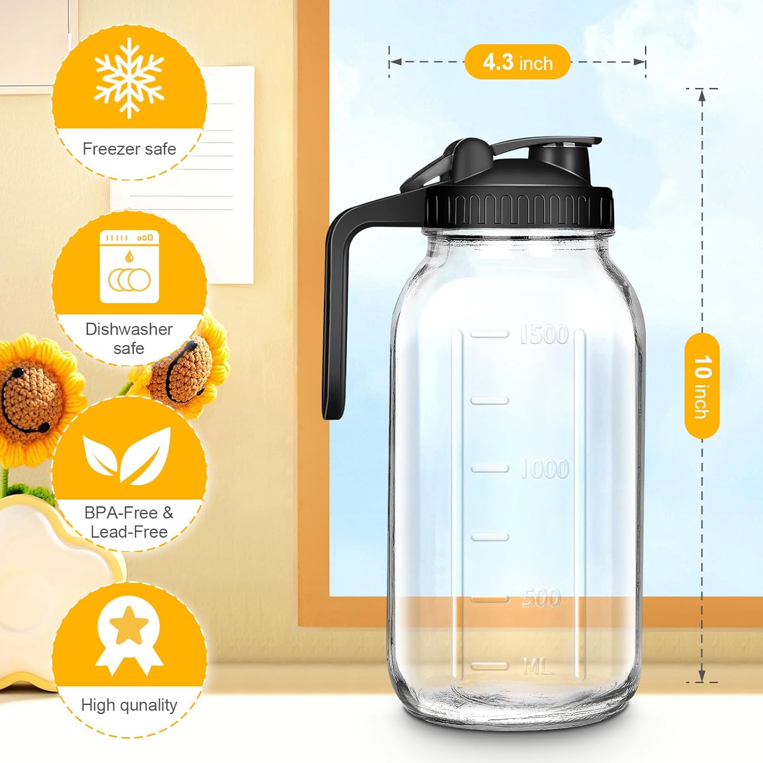 Mason Jar Pitcher, 64 OZ 2 Pack Glass Pitcher with Lid Double Leak-proof with Handle Water Jug Wide Mouth Breast Milk Pitcher Fridge Container for Water, Juice, Iced Coffee, Tea, Juice - Black+Grey