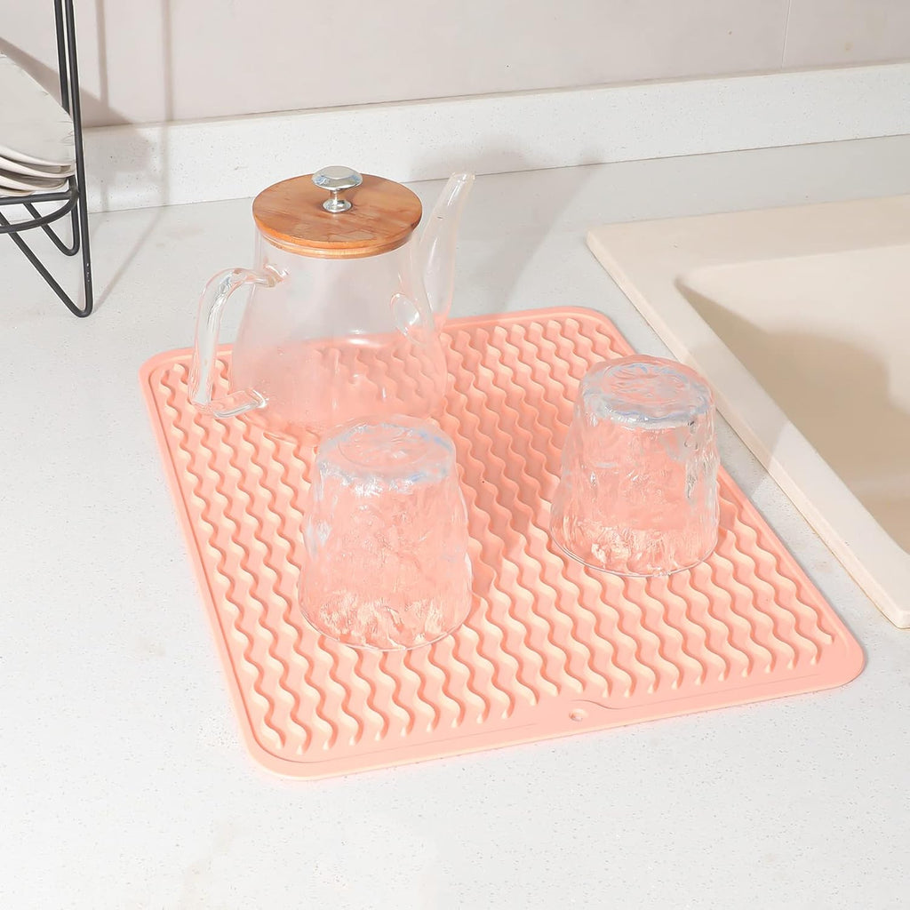 Silicone Dish Drying Mat for Multiple Usage,Easy clean,Eco-friendly,Heat-resistant Silicone Mat for Kitchen Counter or Sink,Refrigerator or drawer liner Pink L 16 inches x 12 inches
