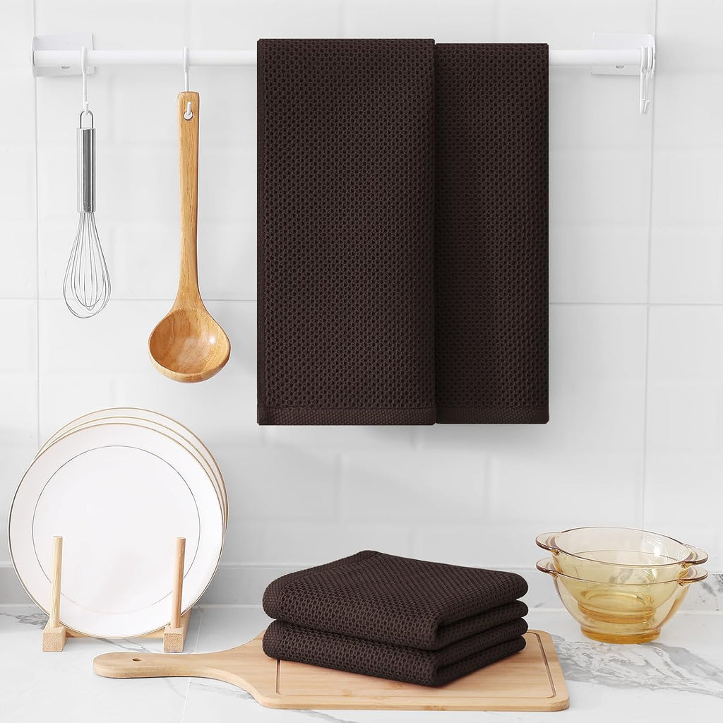 Kitinjoy 100% Cotton Waffle Weave Kitchen Towels, 4-Pack Super Soft and Absorbent Dish Towels for Drying Dishes, Kitchen Hand Towels, 13 in x 28 in, Dark Brown